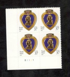 3784 Purple Heart Plate Block Mint/nh (Free Shipping)