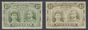 RHODESIA 1910 KGV DOUBLE HEAD 1/2D 2 SHADES PERF 14 