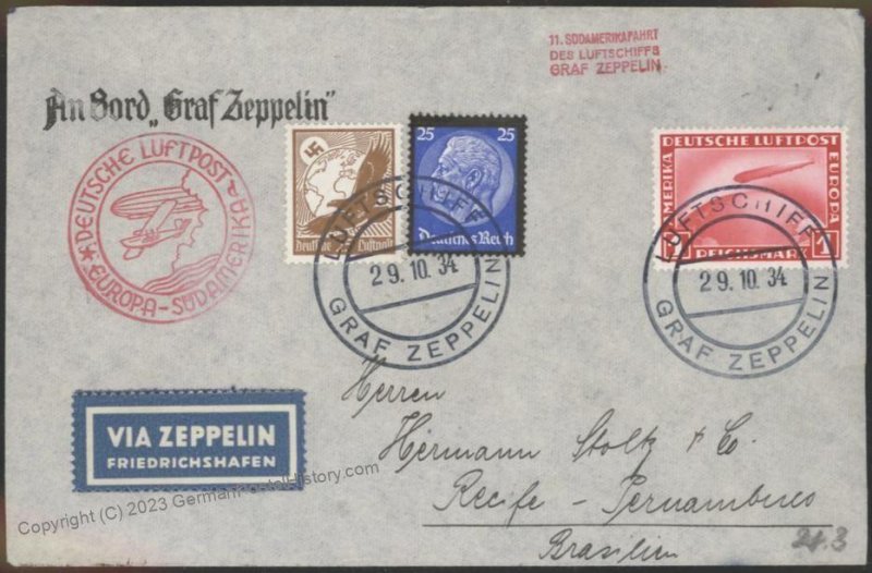 Germany 1934 Graf Zeppelin Mi417 Brazil 11th SAF First Leg Cover Bordpost 111022