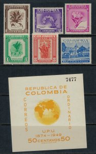 Colombia #580-7*  CV $8.30  1949 UPU set & souvenir sheet