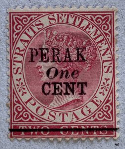 Malaya Perak 1891 PERAK One CENT on 2c rose. Unused. Scott 31, CV $9.75, SG 58