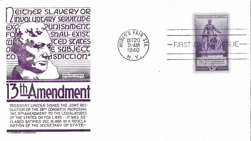 1940 FDC, #902, 3c Thirteenth Amendment, Cachet Craft, pair