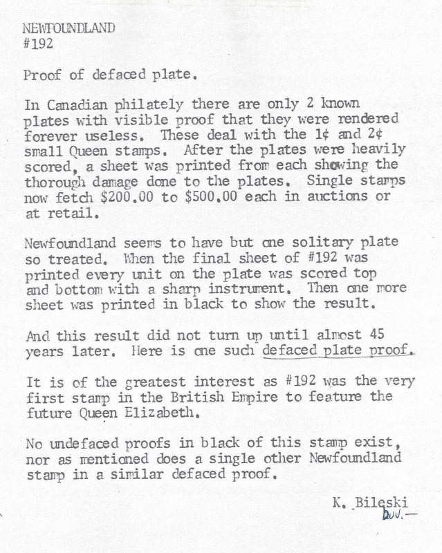 CANADA # 192 DEFACED PLATE PROOF EXTREMELY RARE BS29498