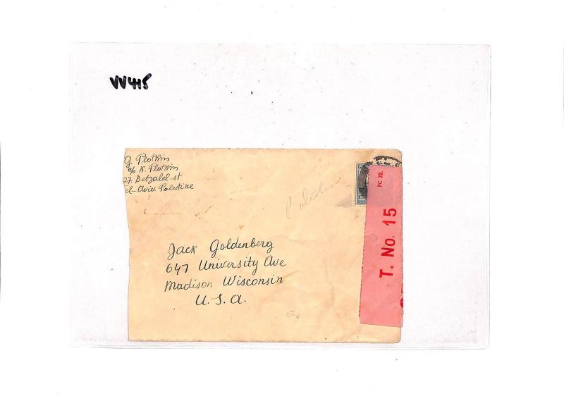 PALESTINE WW2 Tel-Aviv (Israel) *Pink Censor Label* PC.22 Cover USA 1940s VV415