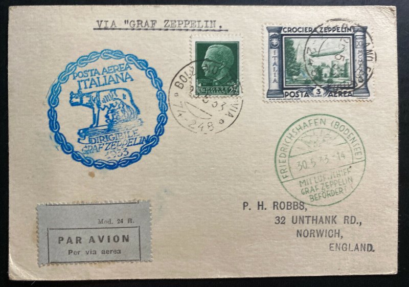 1933 Italy LZ 127 Graf Zeppelin Flight Postcard Cover to Norwich England # C41