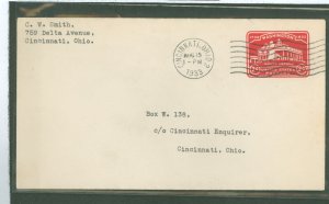 US U525a 2c mount vernon stamped envelope, die II, rotary press, 1933 cover mailed and delivered within cincinnati, oh, local de