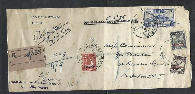 PAKISTAN (P0209B) 1951 OPSS REG  SERVICE 5R+8A+4A+2A TO HIGH COMMISIONER LONDON 
