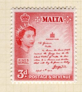 MALTA; 1953 early QEII Pictorial issue fine Mint hinged 3d. value