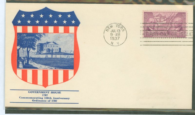 US 795 1937 3c North West Ordinance (single) on an unaddressed FDC with a cachet craft cachet