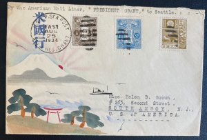 1935 US Sea Post Japan Karl Lewis Hand Painted Cover to USA Mount Fuji