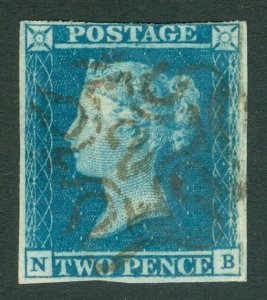 SG 14f 1841 2d blue plate 3 lettered NB. Very fine used with a number '2' in... 