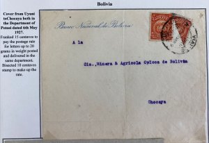 1927 Uyuni Bolivia Bisect Stamp Cover To Mining Company Chocaya