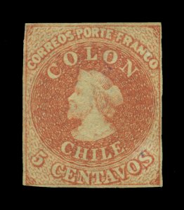 CHILE 1857 COLUMBUS  5c dull reddish brown (Canela)  Scott # 9c  mint MH VF