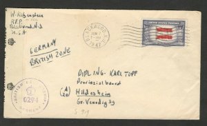 UNITED STATES TO GERMANY BRITISH ZONE - CENSORSHIP LETTER - ON STAMP FLAG- 1947.