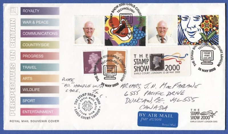 GB  Sc 1373b London 2000 Stamp Exhibition - Smilers Sheet of 10 + Folder + Cover