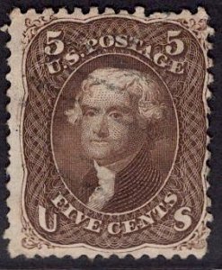 US Stamp #76a BLACK BROWN 5c Jefferson USED SCV $400. Hard-to-find Color