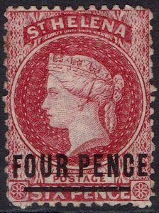 ST HELENA 1864 QV FOUR PENCE ON 6D WORDS 18MM LONG WMK CROWN CC PERF 12½