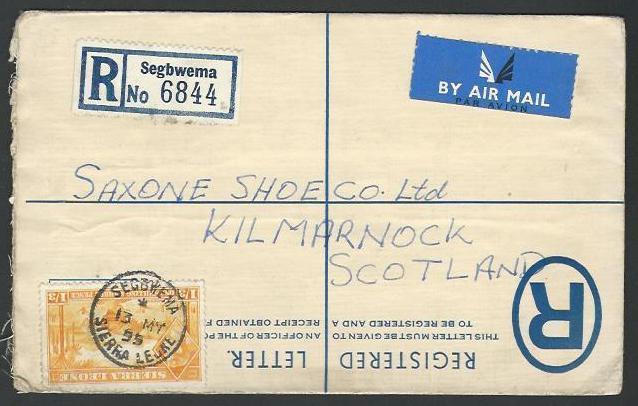 SIERRA LEONE 1955 Uprated 4d Registered envelope used SEGBWEMA to UK.......56417