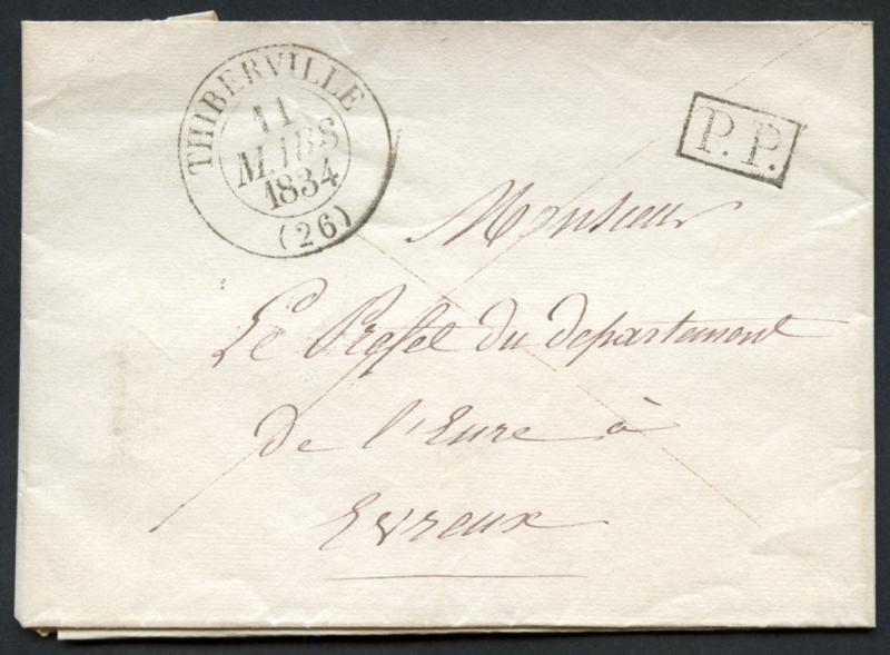 FRANCE STAMPLESS COVER  THIBERVILLE 11 MARCH 1834 POSTPAID PP TO  PREFECT EVREUX