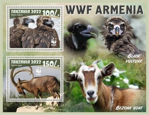 Stamps. Fauna Animals WWF Armenia 1+1 sheets perforated 2022 year  Tanzania