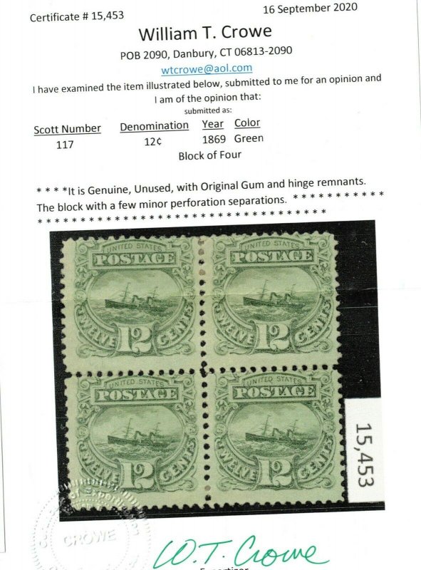 USA #117 Mint Fine Block Full Original Gum Hinged **With Certificate**