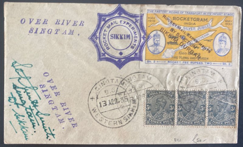 1935 India Sikkim Rocket Experiment Silver Jubilee Flight cover Smith Signed 