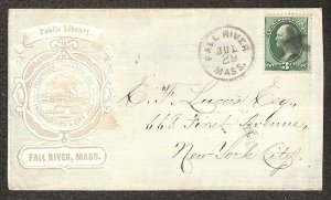 USA SCOTT #184 STAMP PUBLIC LIBRARY FALL RIVER MASSACHUSETTS COVER 1879