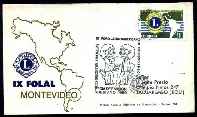 URY-111 URUGUAY 1980 INTERNATIONAL LIONS  FDC 