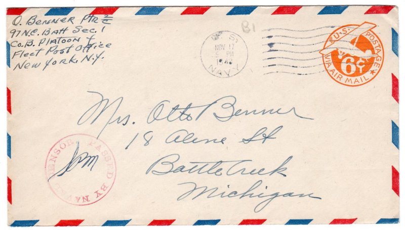 6c airmail env. 97th Naval Construction Bn. Londonberry Northern Ireland 1943