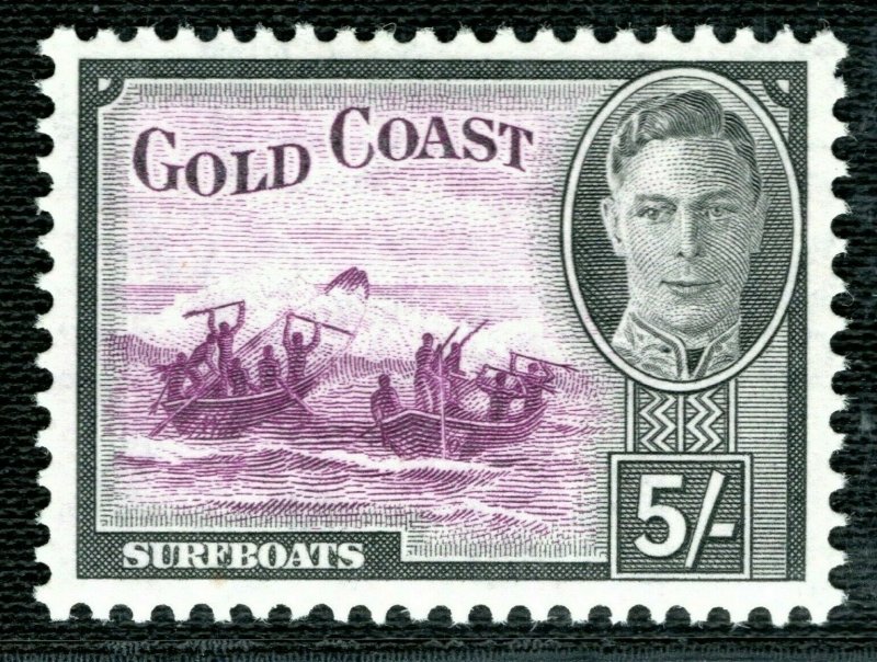 GOLD COAST KGVI SG.145 5s High Value (1948) SURF-BOAT Mint MNH Cat £45+2RBLUE127