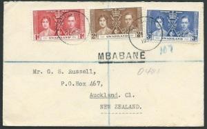 SWAZILAND 1937 Coronation Registered FDC ex Mbabane to New Zealand.........39311