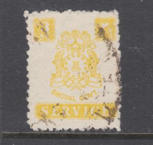 India, Bhopal, Sc O52 used. 1946 3a yellow Coat of Arms Official, fresh, sound