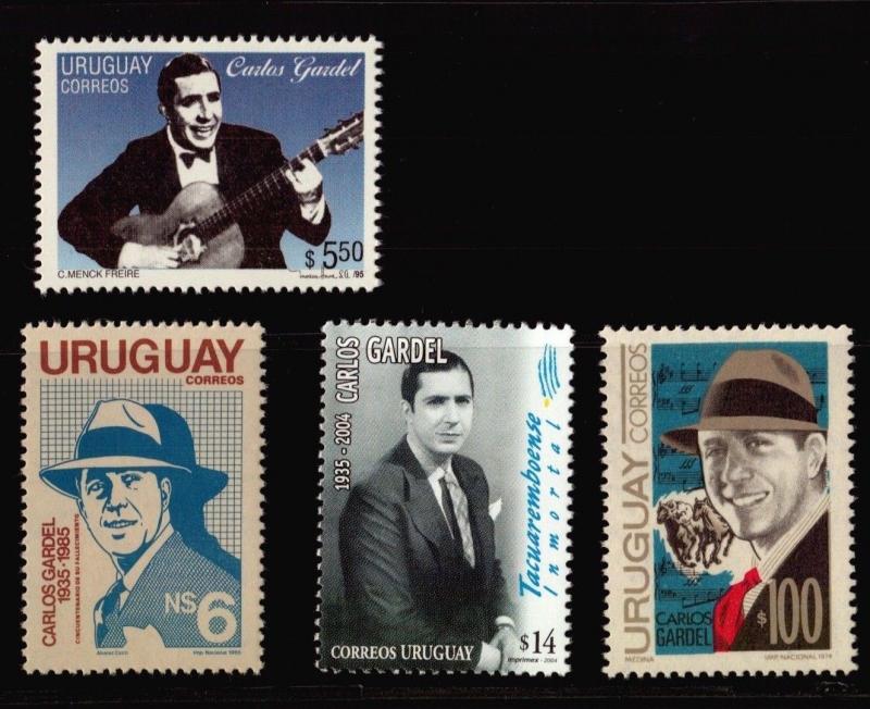 MUSIC TANGO CARLOS GARDEL THE 4 STAMPS ISSUED BY URUGUAY  SINGER FILM MOVIE STAR