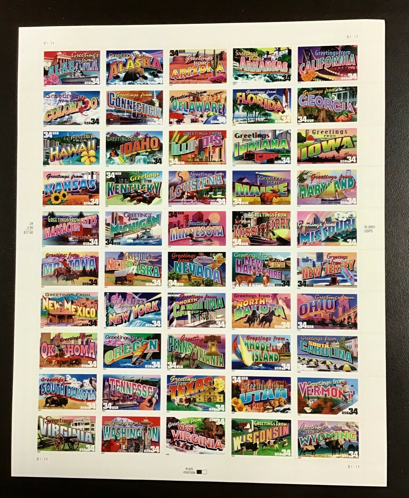US (2002)- GREETINGS FROM AMERICA SHEET OF 50v- 34c SELF-ADHESIVES - County  Stamp Center