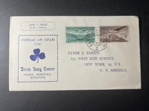 1949 Ireland Airmail First Day Cover FDC Dublin to New York NY USA Irish Stamps