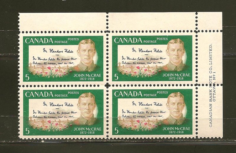 Canada 487 John McCrae Block of 4 MNH