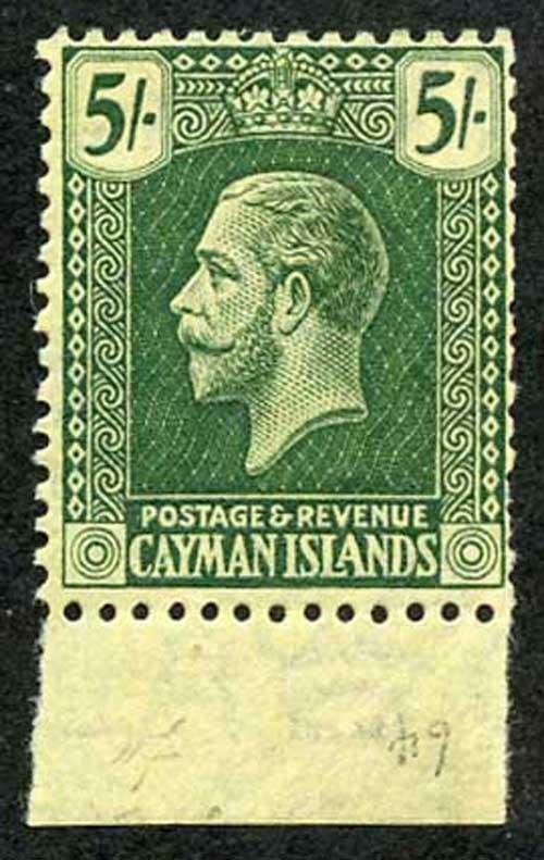 Cayman Is SG64a 5/- deep green/pale yellow wmk Mult Crown CA m/m