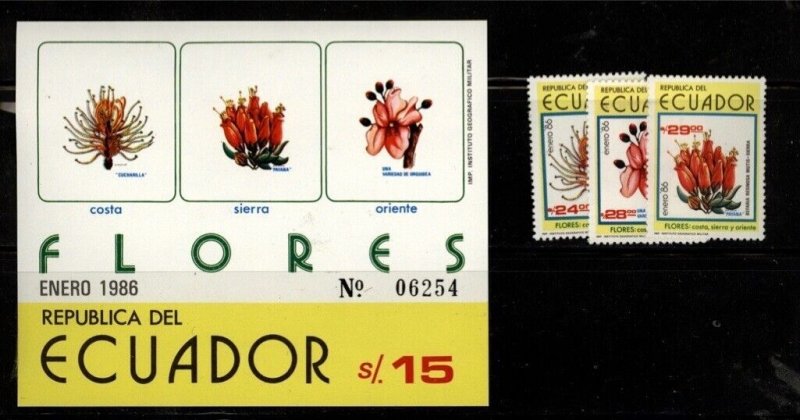 Ecuador Scott 1111-1113 Flora Souvenir Sheet and set of stamps Mint NH