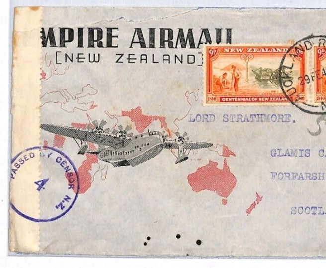 NEW ZEALAND WW2 Censor Air Cover 1940 CLIPPER ILLUSTRATED Glamis Castle YR300
