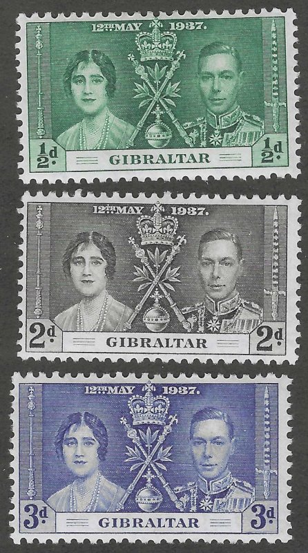 Gibraltar, set of 3, Scott#104-106, mint, hinged, Coronation,