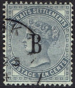 BRITISH PO BANGKOK 1882 B OVERPRINTED QV STRAITS 10C WMK CROWN CA USED