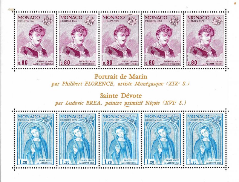 Monaco 1975 Scott 962a Sheet of Ten StampsEuropa/CEPT ART Topical  VF/NH(**)