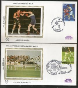 Great Britain 1980 Sport Cricket Boxing Football Athletic  Benham Silk FDCs  ...