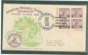 US 731a 1933 3c Century of Progress (imperf block of four) from the Farley mini-sheet on an addressed first day cover with an Am