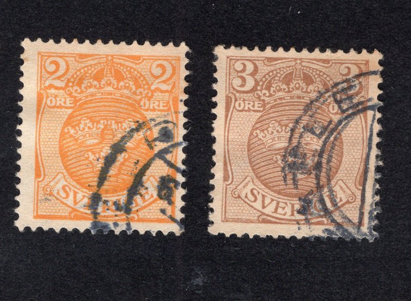 Sweden 1911-19 2o orange & 3o pale brown Arms, Scott 96-97 used, value = 60c