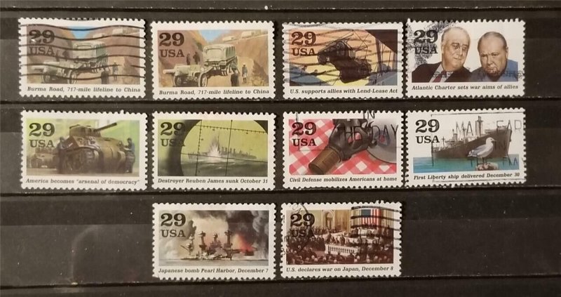 US Scott 2559a-j 1991 Issue - 1941 WORLD WAR 2 Used Stamp Set z6625 