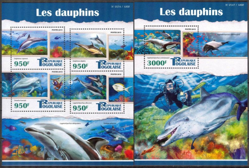 Togo 2015 Marine Life Dolphins (2) Sheet + S/S MNH