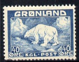 Greenland 1938 Polar Bear 40ore blue mounted mint (pulled...