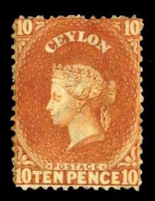 Ceylon #56c Cat$90, 1863 10p orange red, hinge remnant, handstamp guarantee o...