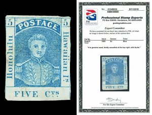 Hawaii Scott 8 1853 5c Blue Kamehameha Used Fine Cat $750 with PSE CERT